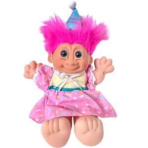 VTG Russ Troll Kidz Birthday Doll Pink Hair Blue Eyes Plush Body Party Hat